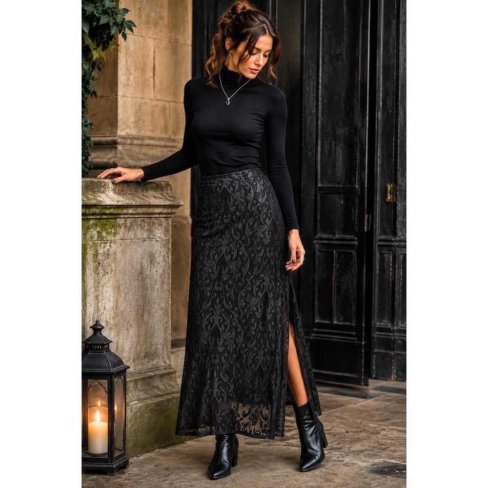 Cato Petite Black Lace Overlay Maxi Skirt Gothic Minimalist Side Slit Large